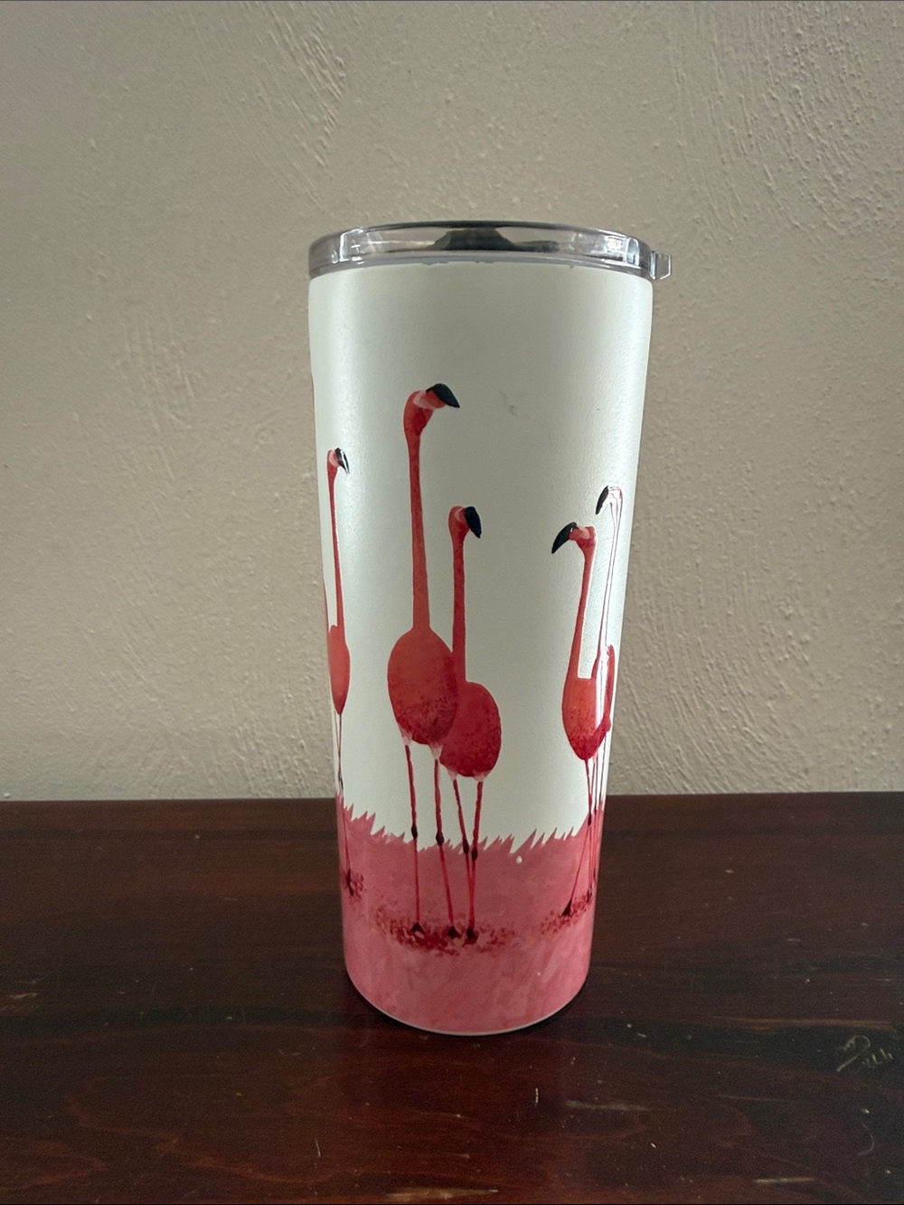 Source Unknown White and Pink Flamingo Travel Tumbler with Clear Lid